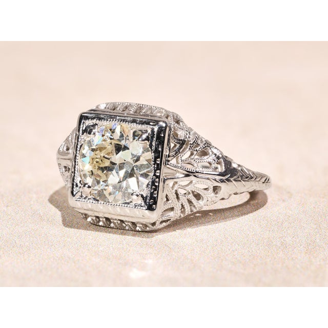 Contemporary The Rebecca: Ladies 18 Karat White Gold Filigree engagement ring set with 1.30 Carat European Cut Diamond For Sale - Image 3 of 13