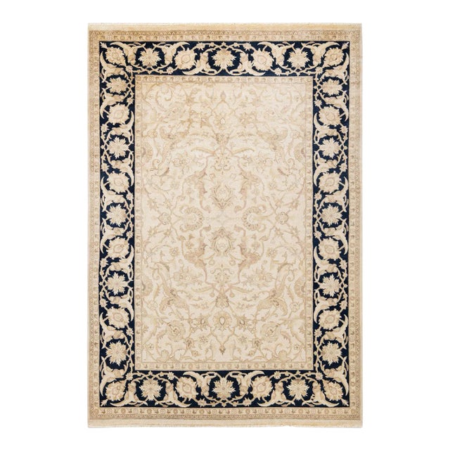 Vintage Traditional Hand Knotted Wool Area Rug, Ivory - 6'1" X 8'10" For Sale