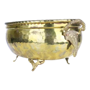 Large Vintage Hammered Brass Planter With Elephant Handles