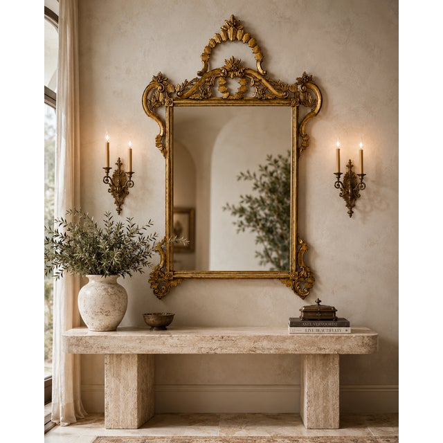 1975 Italian Hollywood Regency Giltwood Wall Mirror | Hand-Carved Gold Frame | 54” Tall For Sale - Image 6 of 6