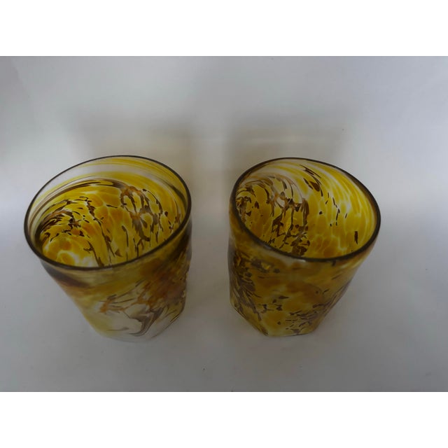 Vintage Murano Goti De Fornasa Amber Yellow & Brown Swirl Art Glass Tumblers — Pair For Sale - Image 9 of 12
