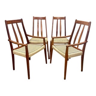 Mid Century Danish Modern Teak and Woven Seat Dining Chairs—Set of 4 For Sale