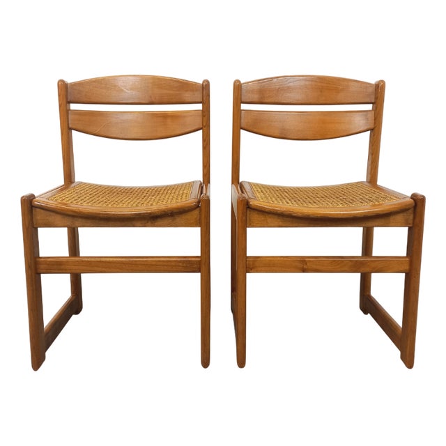 Vintage Sleigh Chairs in Beech and Cane, 1970s, Set of 2 For Sale