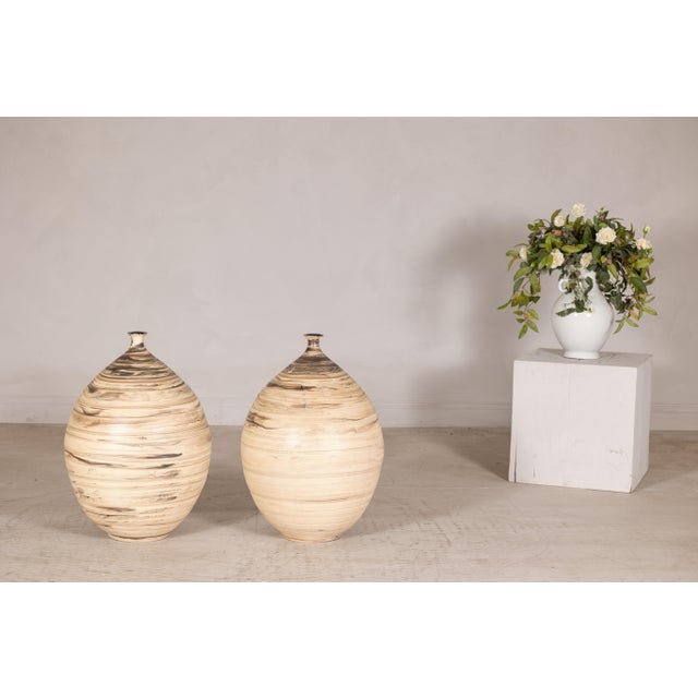 Late 20th Century Large Artisan Ceramic Floor Vases with Cream and Brown Swirled Glaze (Sold Each) For Sale - Image 12 of 18