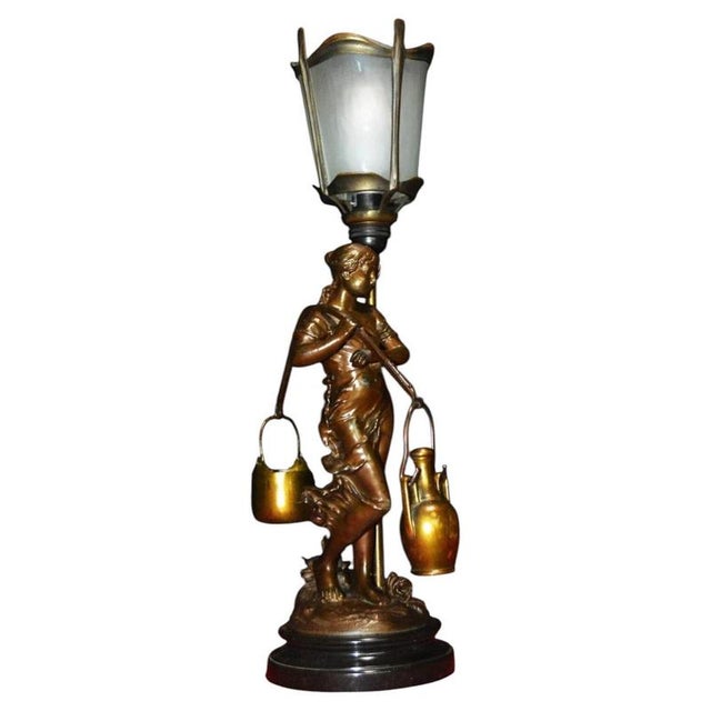 Art Nouveau Bronze Figural Table Lamp with Curved Glass Shade attributed to Luca Madrassi, 1920s For Sale - Image 16 of 16