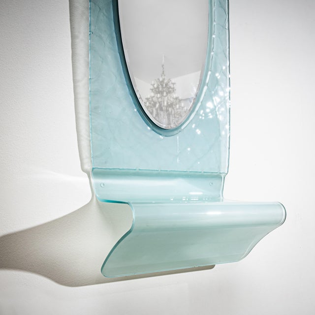 Mid-Century Modern Wall Mirror With Console in Blue Glass, Italy, Mid-20th Century For Sale - Image 3 of 7