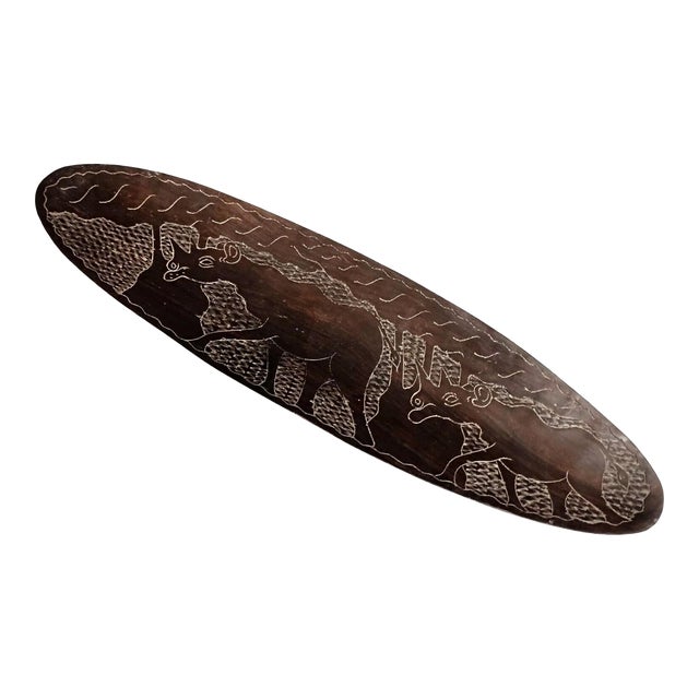 Antique Hand-Carved African Wooden Tray With Rhinoceros and Savanna Decor For Sale