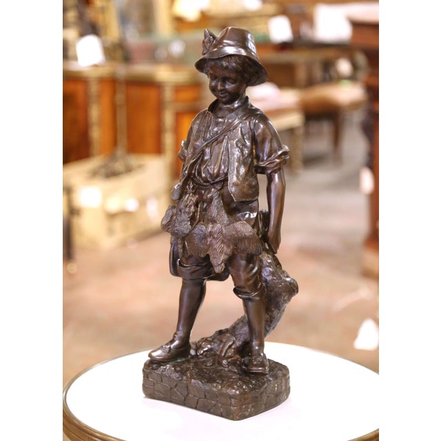 Mid 20th Century Mid 20th Century Mid-Century French Patinated Bronze Sculpture of a Young Hunter With Hare For Sale - Image 5 of 10