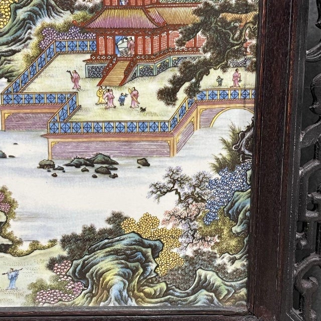 Wood Monumental Rosewood Screen With Famille Rose Landscape Plaque For Sale - Image 7 of 10