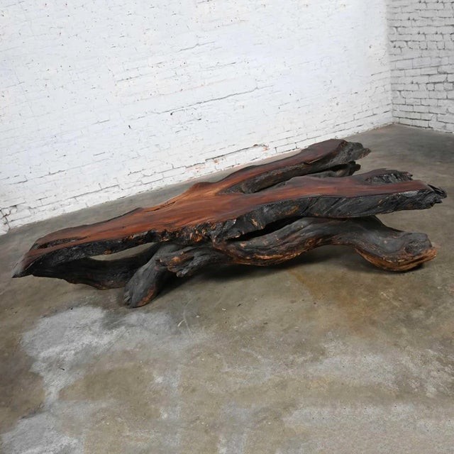 Vintage Rustic Handcrafted Free Form Live Edge Solid Slab Burl Redwood Very Large Coffee Table For Sale - Image 4 of 13