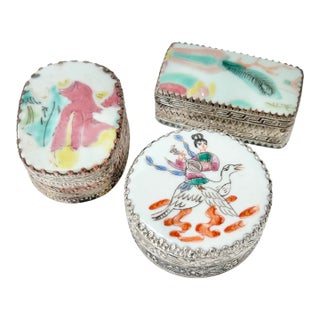 Vintage Chinese Porcelain & Silverplate Trinket Boxes – Hand Painted Figural Vanity Boxes (Set of 3) For Sale