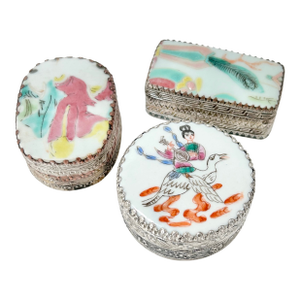 Vintage Chinese Porcelain & Silverplate Trinket Boxes – Hand Painted Figural Vanity Boxes (Set of 3)