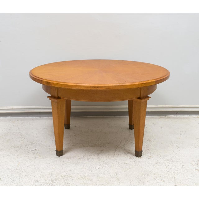 French Circular Coffee Table in Oak on Tapered Legs Ending in Brass Sabots For Sale In New York - Image 6 of 7