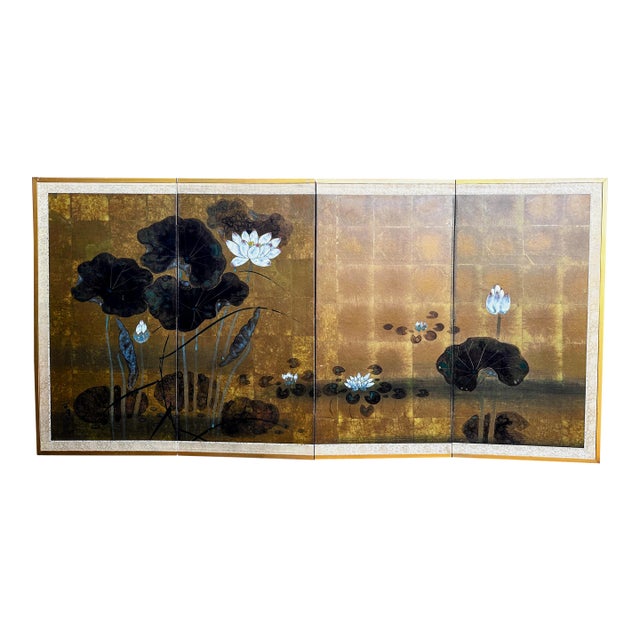 Vintage Japanese Byobu With Painted Lotus Flowers 4 Panels Folding Screen For Sale