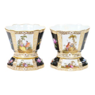 19th Century Dresden Porcelain Gilt & Painted Decorative Cachepots For Sale