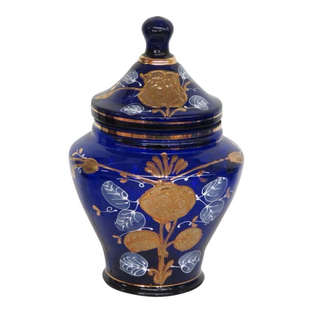 Cobalt Blue Glass Hand Painted Floral Urn Bonboniere Cookie Jar With Lid For Sale
