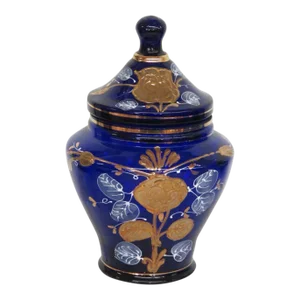 Cobalt Blue Glass Hand Painted Floral Urn Bonboniere Cookie Jar With Lid