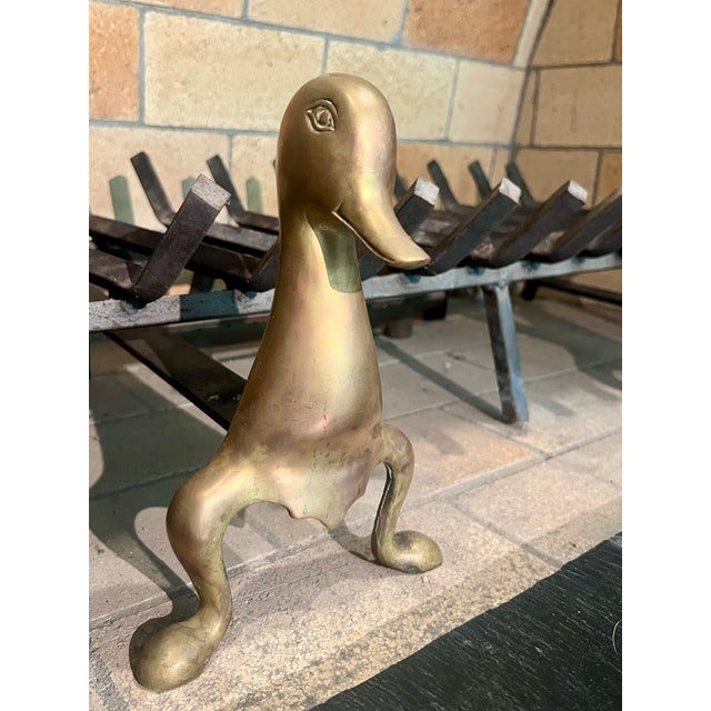 Mid-Century Modern 1970s French Mid-Century Modern Stylized Brass Duck Andirons - A Pair For Sale - Image 3 of 10
