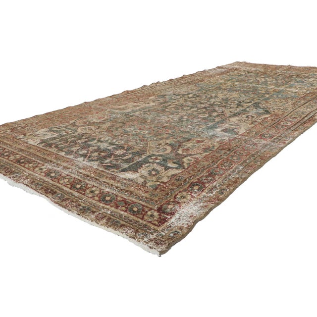60956 distressed antique Persian Malayer Gallery rug, 04'08 x 10'01. With its geometric pattern, warn colors and time-worn...