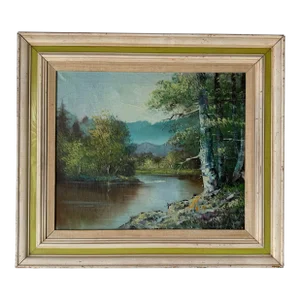70's Vintage Rustic River Landscape Oil Painting, Framed