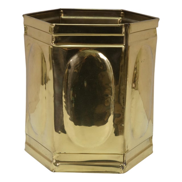 Hollywood Regency Brass Hexagon Trash Can Bin Planter Cachepot 11" For Sale