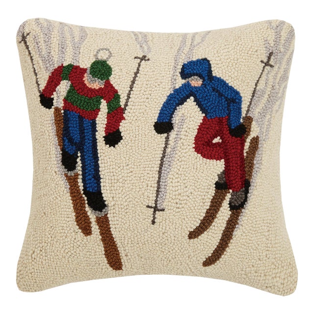 Ski Buddies Hook Pillow 16" x 16" For Sale