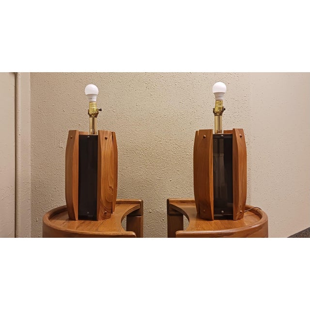 Sienna Pair of 1970's Postmodern Oak and Smoked Lucite Table Lamps With Shades For Sale - Image 8 of 12