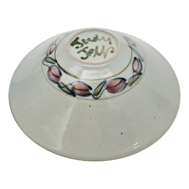 Late 20th Century Large Hand Painted Floral Studio Pottery Porcelain Centerpiece Bowl 11" For Sale - Image 5 of 16