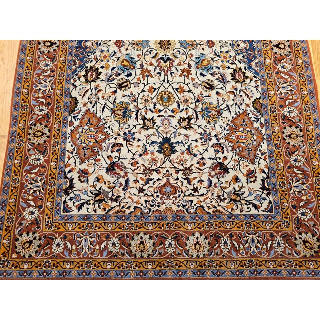 Vintage Persian Isfahan Rug, Hand-Knotted Wool & Silk, Allover Floral Pattern, Ivory & Brick-Red, 4x6 For Sale - Image 13 of 18