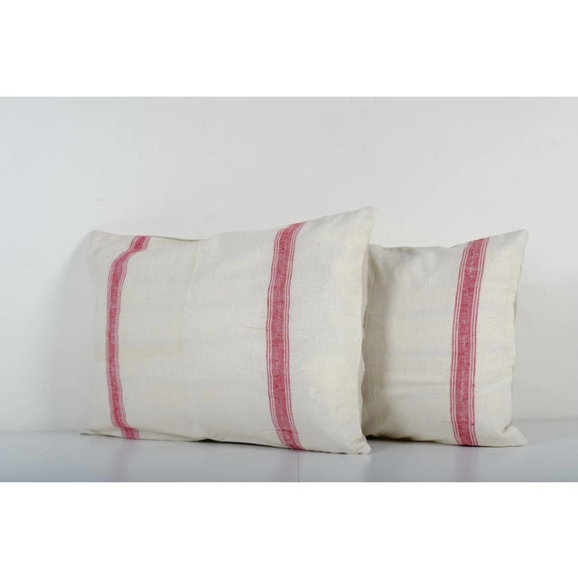 Mid-Century Modern Linen Pillowcase With Red Blue Stripes - Set of Two Modern Rustic Look 17'' X 26'' For Sale - Image 3 of 4
