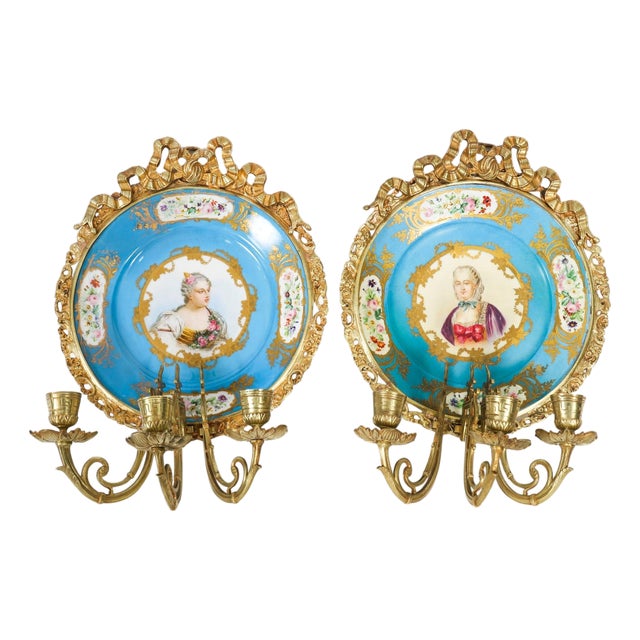 Antique Ormolu and Sevres Porcelain Portraits Wall Lights, 1800s, Set of 2 For Sale