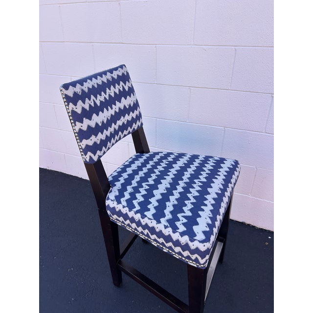2000 - 2009 Blue & White Geometric Upholstered Counter Height Chairs With Nailhead Trim, Set of 4 For Sale - Image 5 of 7
