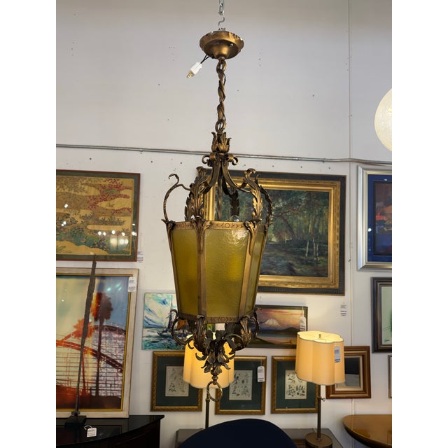 Late 20th Century Gothic Revival Style Gilt Metal + Amber Glass Lantern Pendant, Vintage For Sale - Image 5 of 12