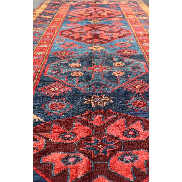 Antique Kurdish Gallery Rug With Indigo Field and Bold Tribal Medallions For Sale - Image 4 of 12