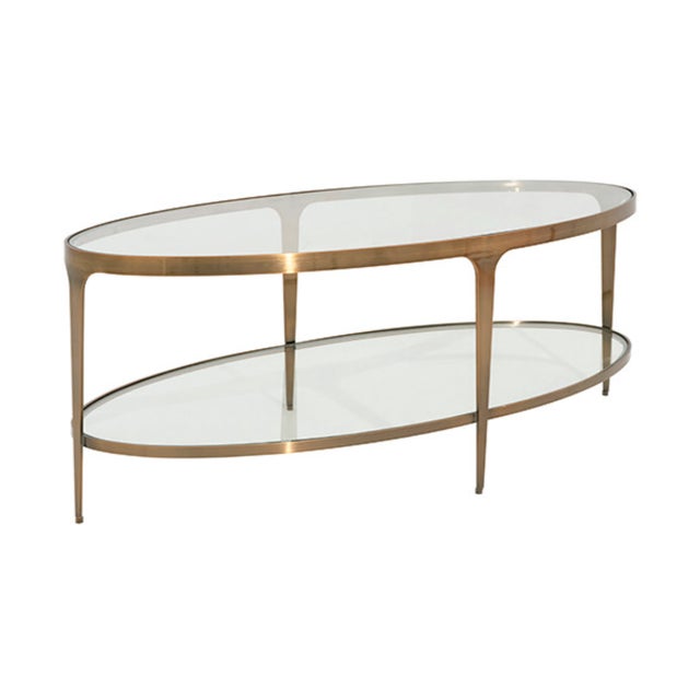 Contemporary Matthew Izzo Home Brando Antique Brass Two Tier Oval Coffee Table With Glass Tops For Sale - Image 3 of 9