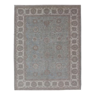 Modern Oushak by Keivan Woven Arts With Floral Design on Green-Blue Field For Sale