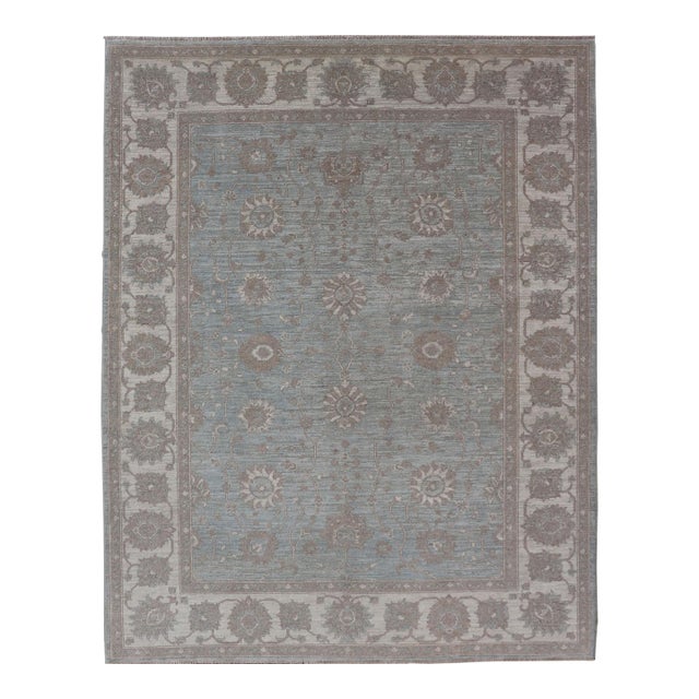 Modern Oushak by Keivan Woven Arts With Floral Design on Green-Blue Field For Sale