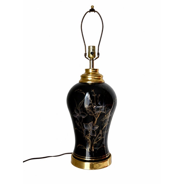 Vintage Black and Gold Floral Ceramic Table Lamp For Sale - Image 11 of 11