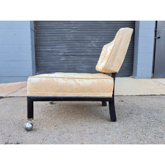 Mid-Century Modern Vintage Mid-Century Modern Slipper Lounge Chair, Ebonized Frame, Chrome Ball Casters, Tufted Brocade, Probber Style For Sale - Image 3 of 11