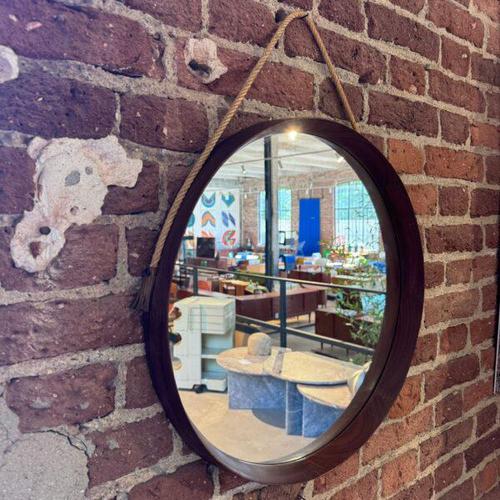 Vintage Round Mirror with Teak Frame For Sale - Image 6 of 6