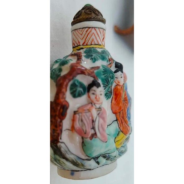 Ceramic 19th C. Chinese Molded Famille Rose Porcelain Snuff Bottle With Stand For Sale - Image 7 of 11