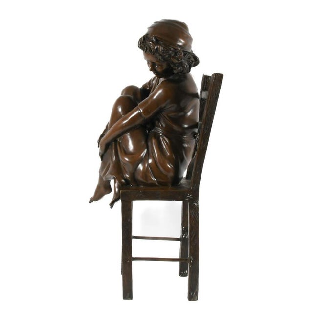 Bronze Sculpture “Girl on a Chair” After Corrado Betta, Figurative Art With Rich Patina For Sale - Image 4 of 9