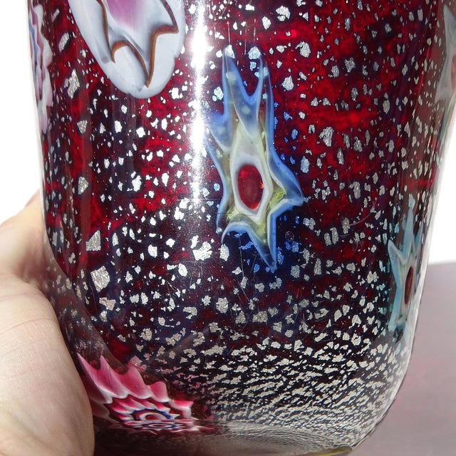 Vintage Murano AVeM Red Millefiori Flowers Murrine Silver Flecks Italian Art Glass Pinched Rim Flower Vase For Sale - Image 11 of 12