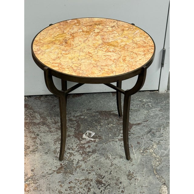 Design Plus Gallery presents a Bespoke Marble Top + Metal Side Table. A round marble top displays cream, amber, and rust-...