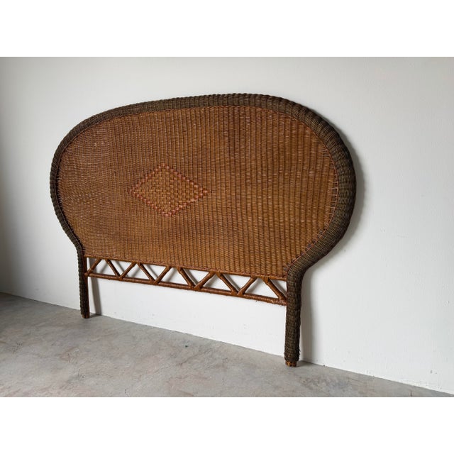 1970s Vintage Coastal Boho-Chic Arched Rattan & Wicker Queen Size Headboard With Woven Diamond Accent For Sale - Image 5 of 13