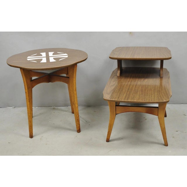 Vintage Mid Century Modern Walnut & Formica Round & Step Side Table Set - 2 PCS For Sale - Image 15 of 16