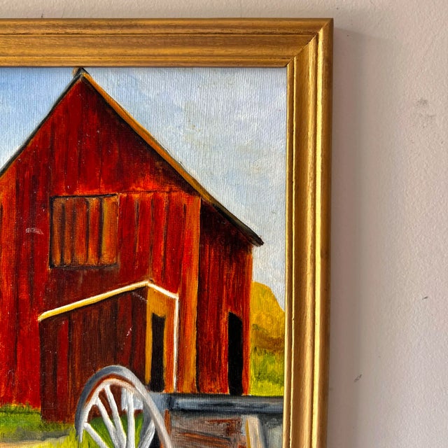 Late 20th Century Vintage Framed Colorful Farm Barn Landscape Painting in Gold Gilt Frame For Sale In Charleston - Image 6 of 6