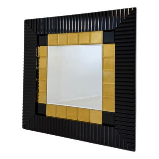 Italian Vintage Wall Mirror with Black Lacquered Frame and Gold Square Inserts, 1980s For Sale