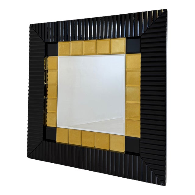 Italian Vintage Wall Mirror with Black Lacquered Frame and Gold Square Inserts, 1980s For Sale