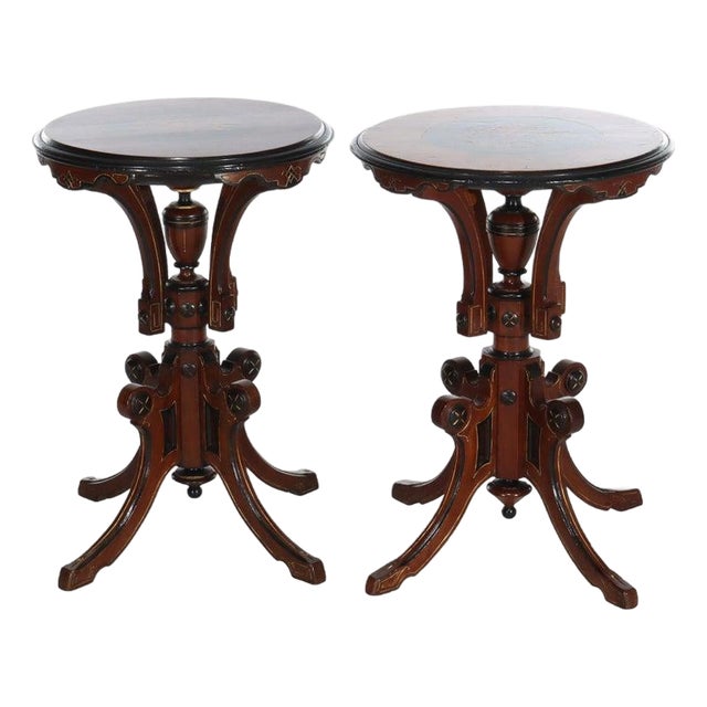 Pair Antique Renaissance Revival Ebonized & Inlaid Walnut & Burl Stands C1890 For Sale